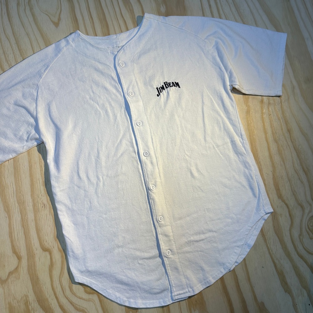 Jim Beam Mens White Short Sleeve Baseball Jersey XL Embroidered Logo Button Up